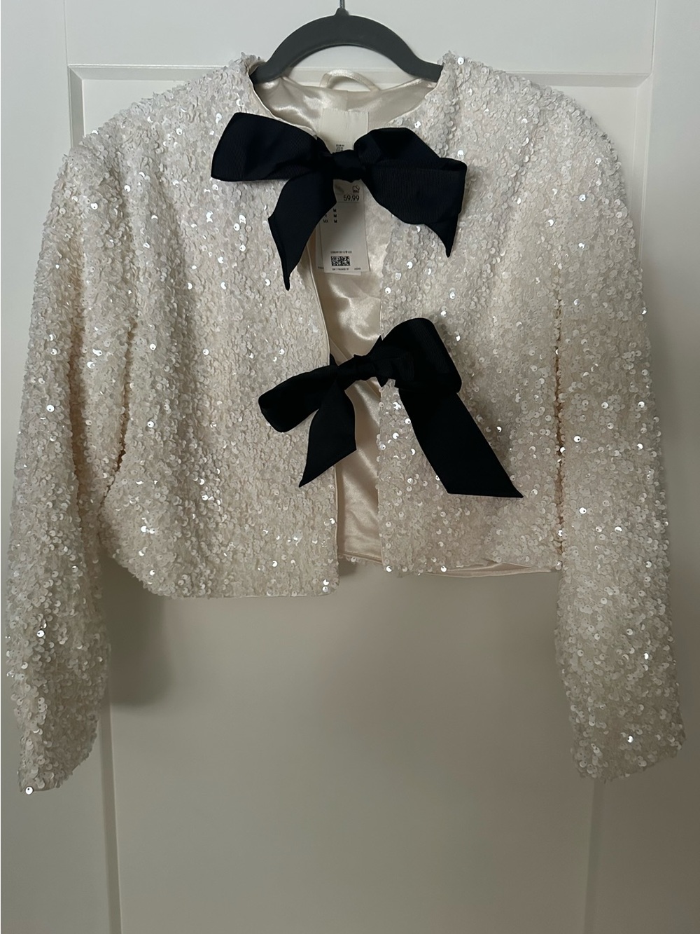 NWT H&M Ivory Sequin Bow-Front Cropped Jacket